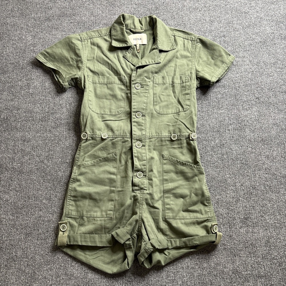 Pistola Parker Short Sleeve Utility Romper Women's Size XS Army Green Button